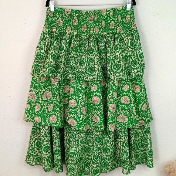 House Of Harlow 1960 100% Cotton Green Floral Tiered Skirt sz L Boho Cottagecore - Picture 8 of 8